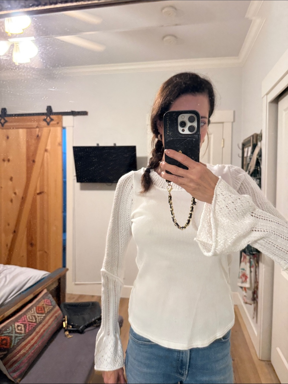 NWOT Free people White Ribbed Knit Top with crochet Bell Sleeves